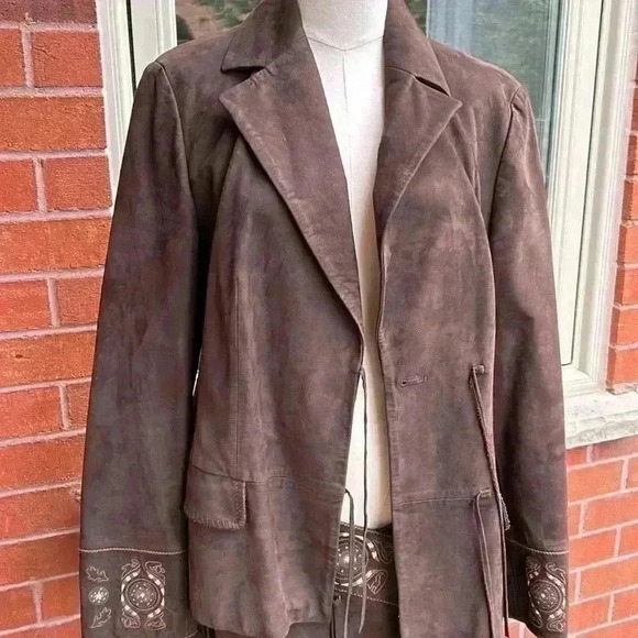 Laurél Brown Suede Coat  Blazer Embroidered Luxury - Picture 10 of 15